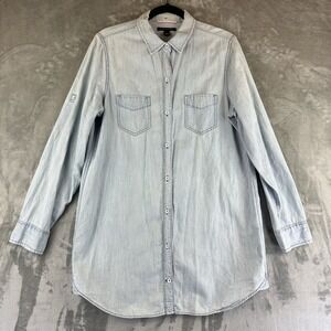 Banana Republic Chambray Top Women's L Blue Button Front Roll Tab Sleeves